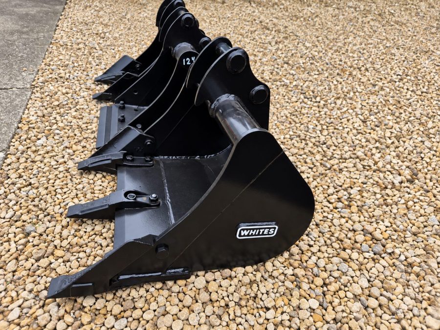 The three bucket sizes that go out with every hire — trenching, general purpose and grading