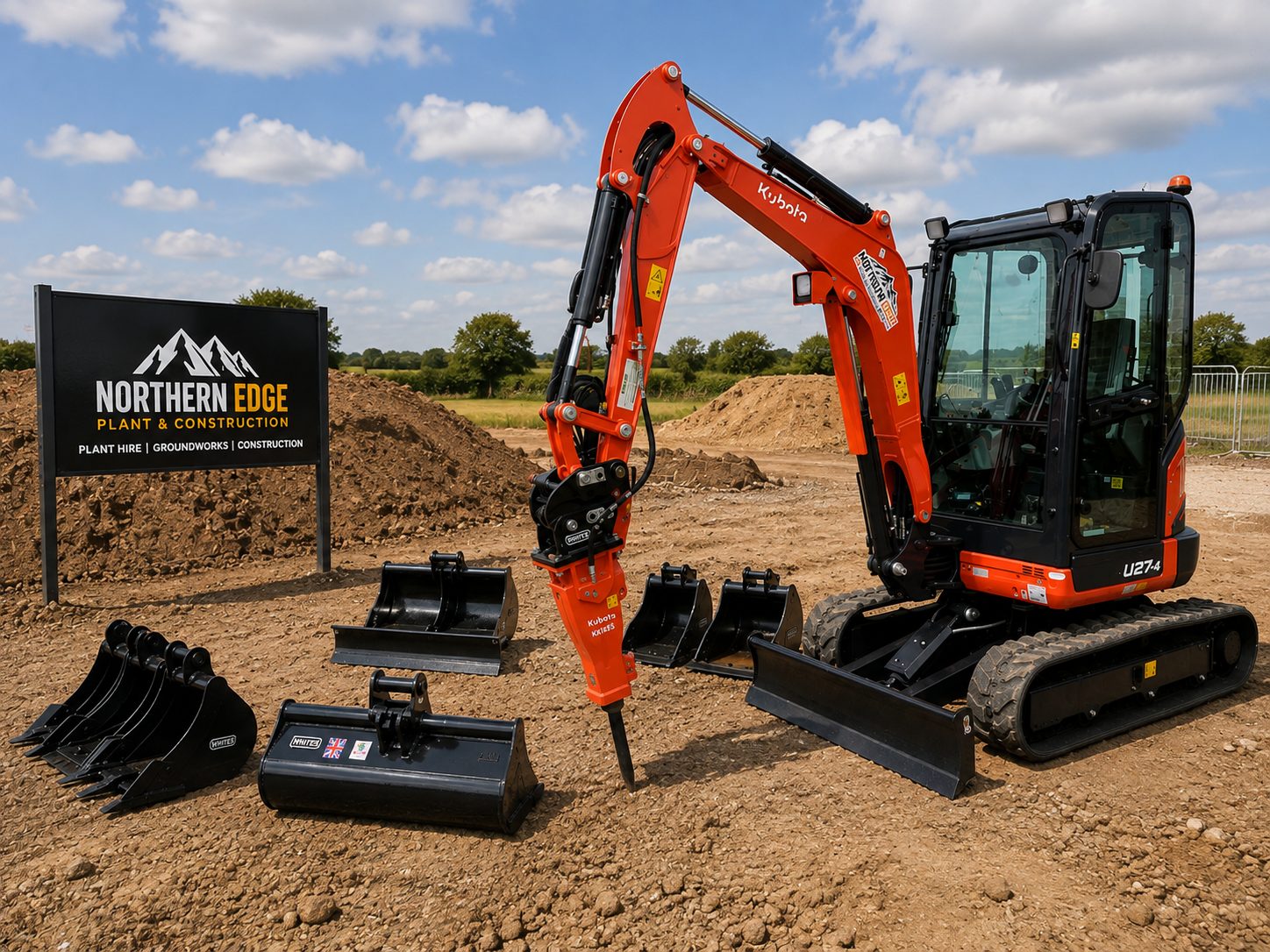 Kubota U27-4 mini excavator on a site beside the Northern Edge board, with the full bucket set and the hydraulic breaker laid out alongside