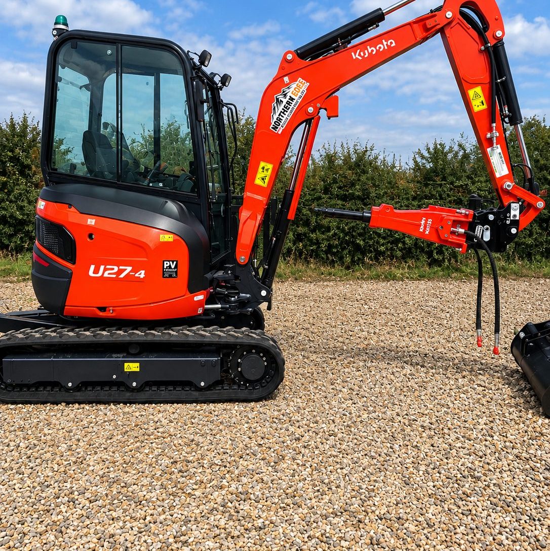 Kubota U27-4 2.7 tonne mini excavator in Northern Edge livery with the hydraulic breaker fitted