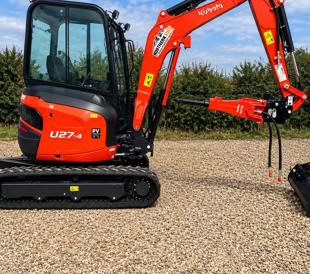 Kubota U27-4 2.7 tonne mini excavator in Northern Edge livery with the hydraulic breaker fitted